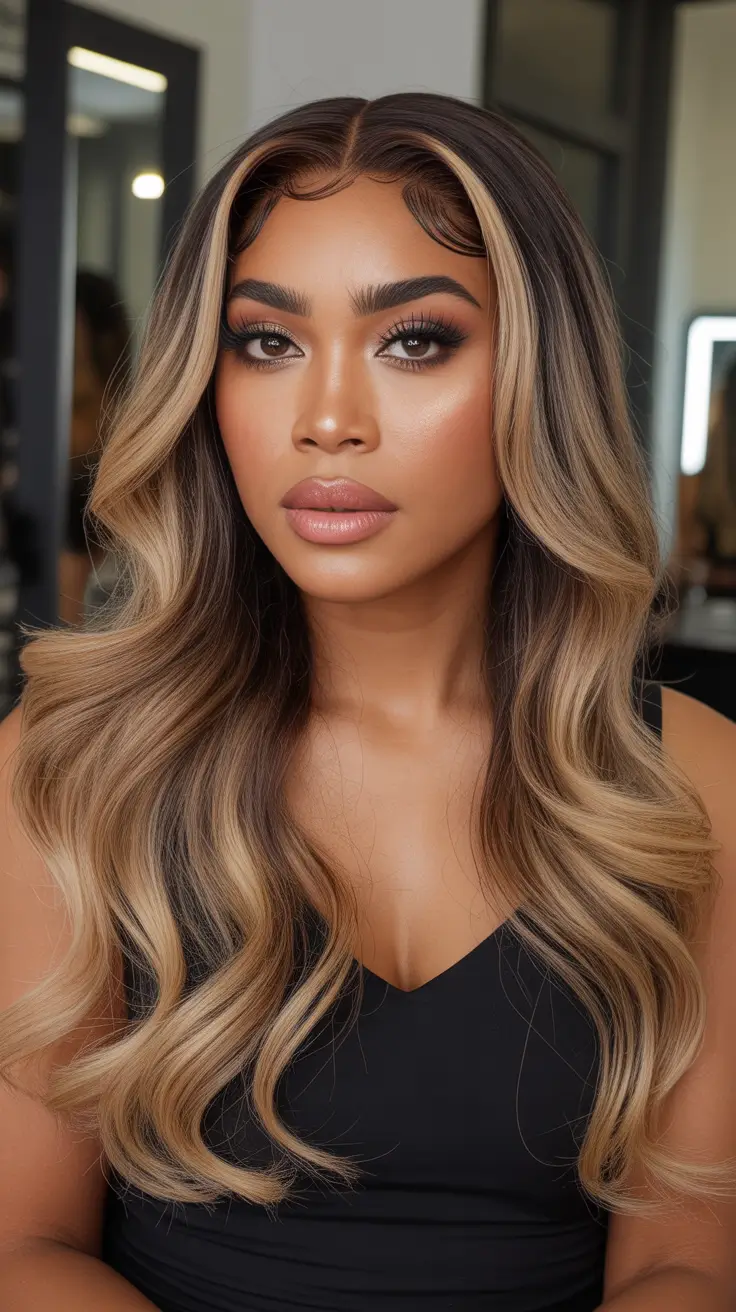 sophisticated spring hair color for dark skin 2026 Smoky Blonde Balayage with Sculpted Glam Waves