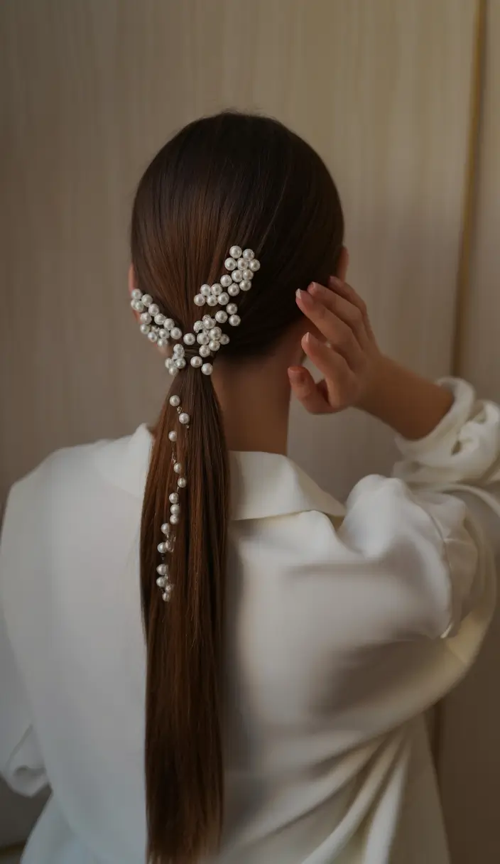 sophisticated spring wedding hairstyle for 2026 Sleek Pearl Embellished Low Ponytail