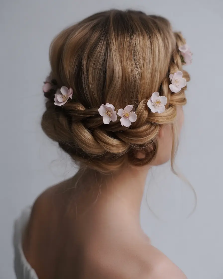 effortless spring half up half down hairstyle 2026 Soft Braided Halo with Delicate Spring Blossoms