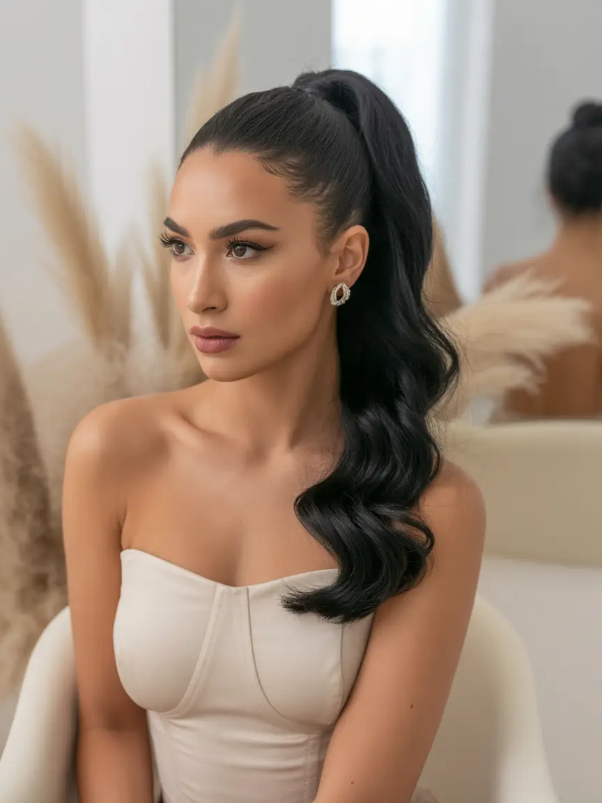 effortless spring half up half down hairstyle 2026 Sleek High Half Up Pony with Glamorous Waves