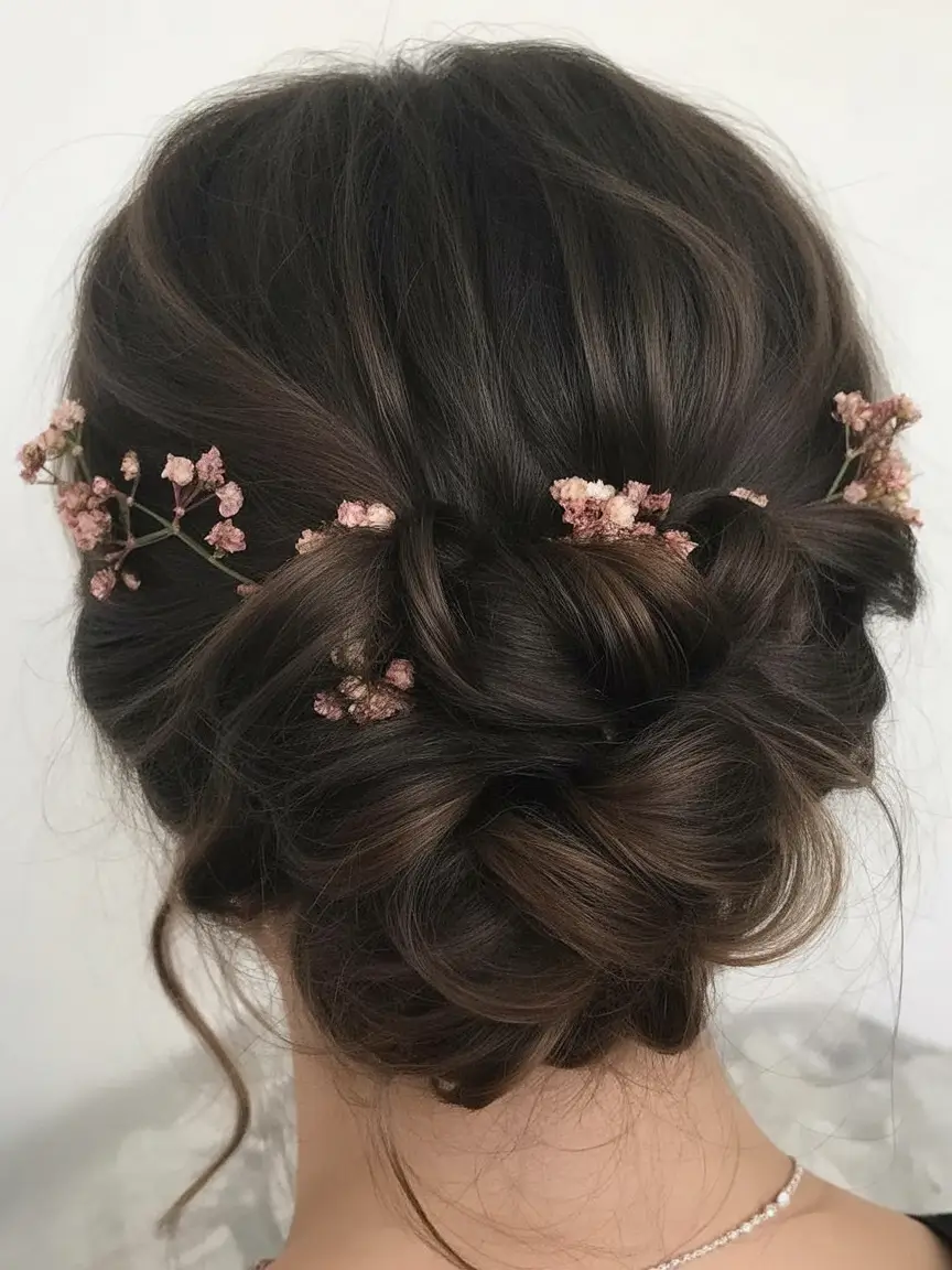 effortless spring half up half down hairstyle 2026 Low Twisted Chignon with Soft Floral Detail