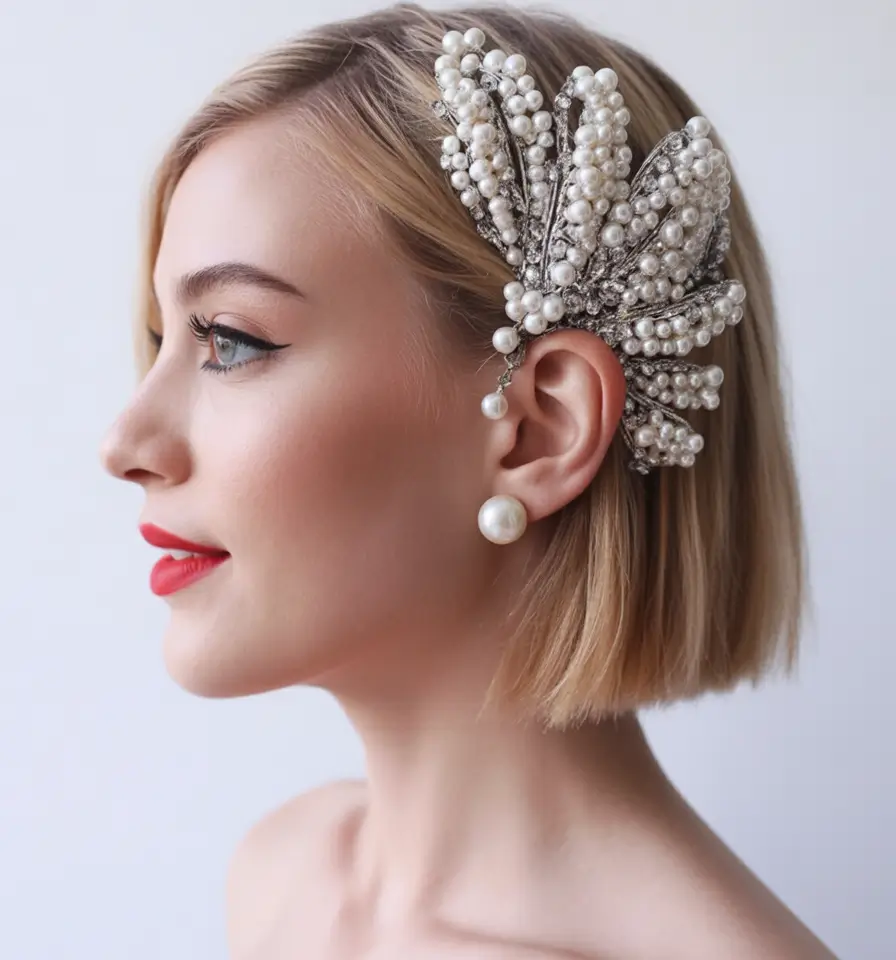 effortless spring half up half down hairstyle 2026 Pearl Statement Clip on Sleek Bob
