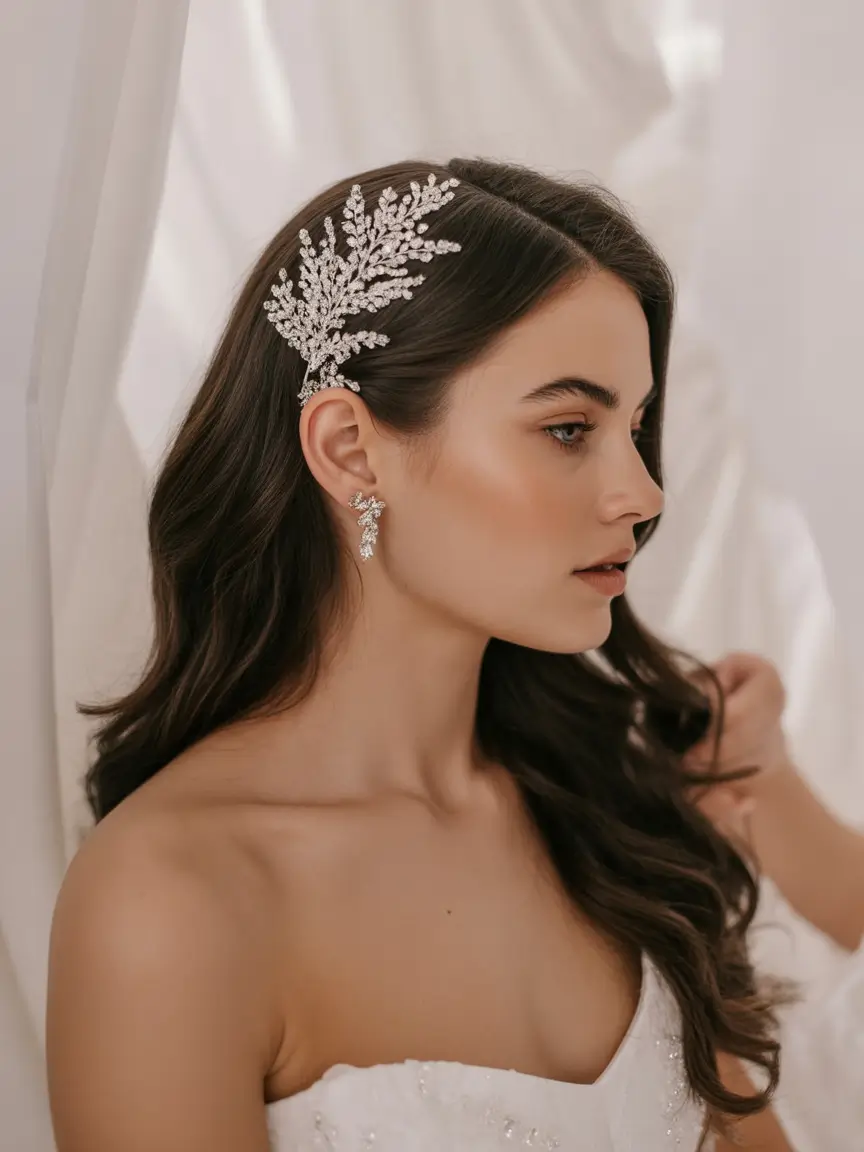 sophisticated spring wedding hairstyle for 2026 Romantic Side Waves with Crystal Leaf Headpiece