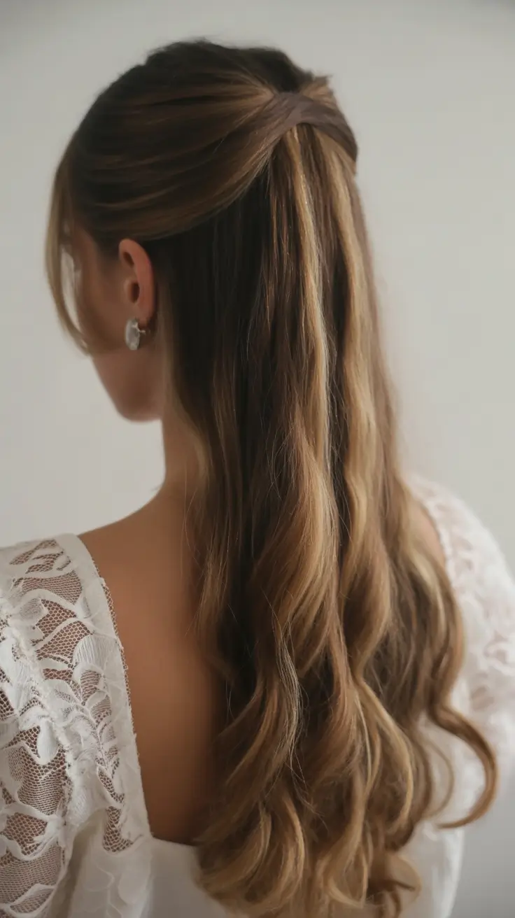 sophisticated spring wedding hairstyle for 2026 Soft Half Up Waves with Subtle Lift