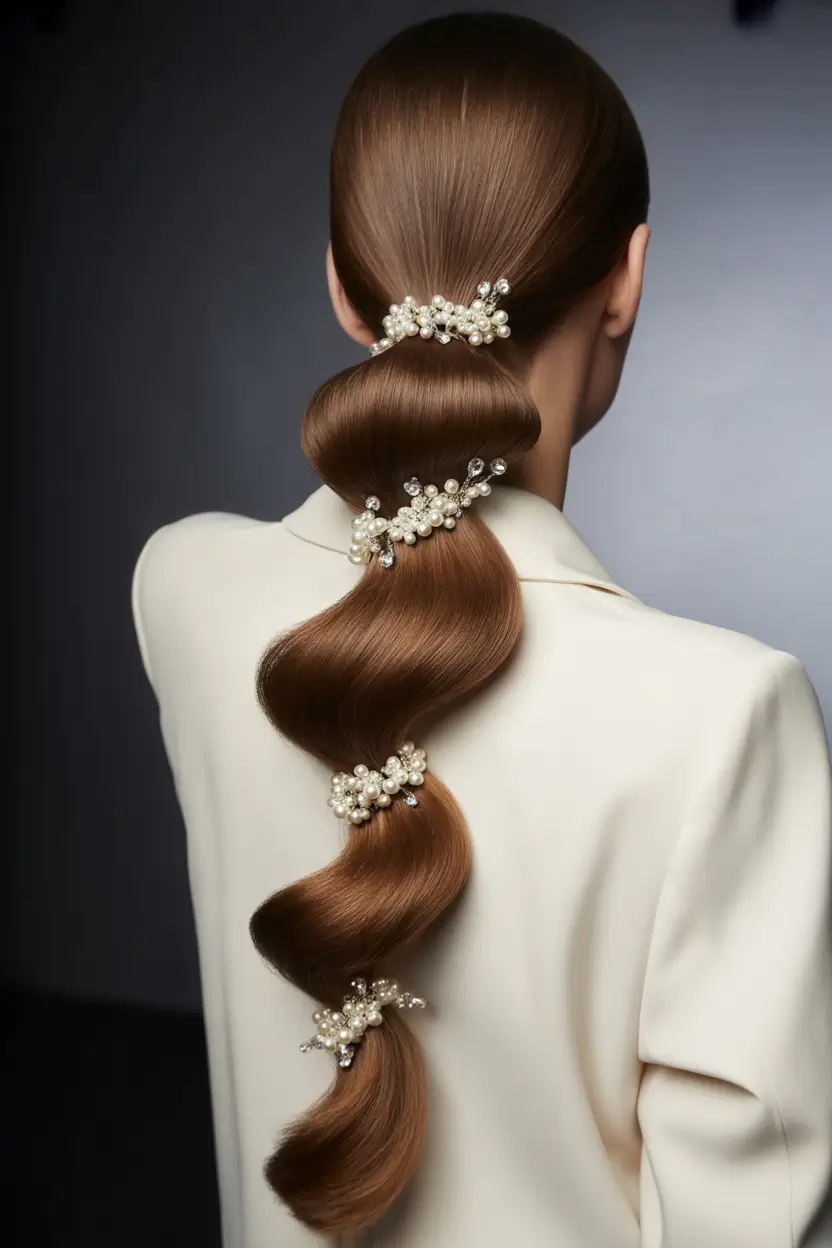 sophisticated spring wedding hairstyle for 2026 Structured Pearl Bubble Ponytail with Editorial Edge