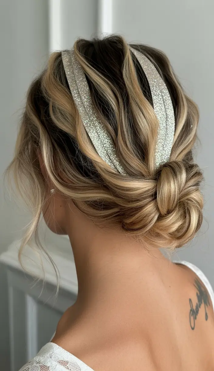 sophisticated spring wedding hairstyle for 2026 Soft Textured Low Bun with Metallic Headband Accent
