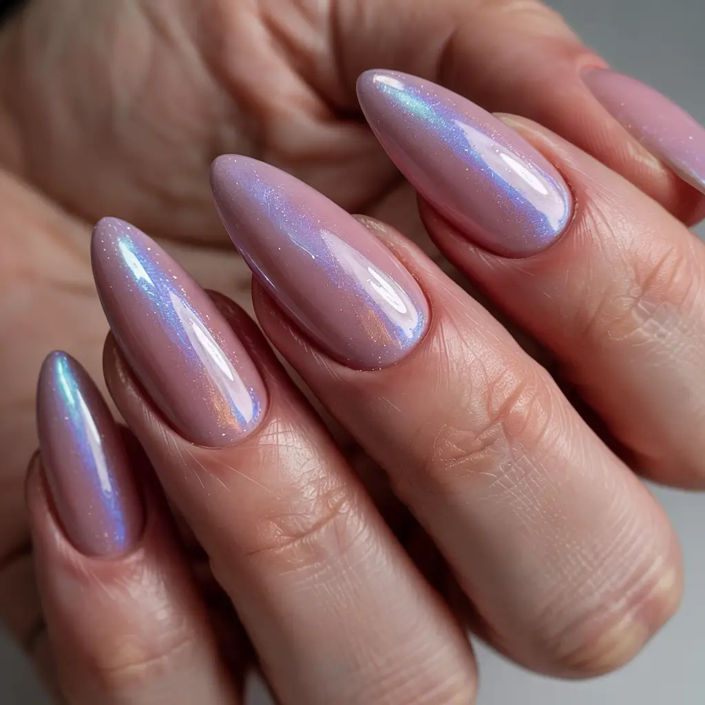 spring gel nails art ideas 2026 Iridescent-Pink-Gel-Nails-with-Blue-Violet-Shimmer-Glow