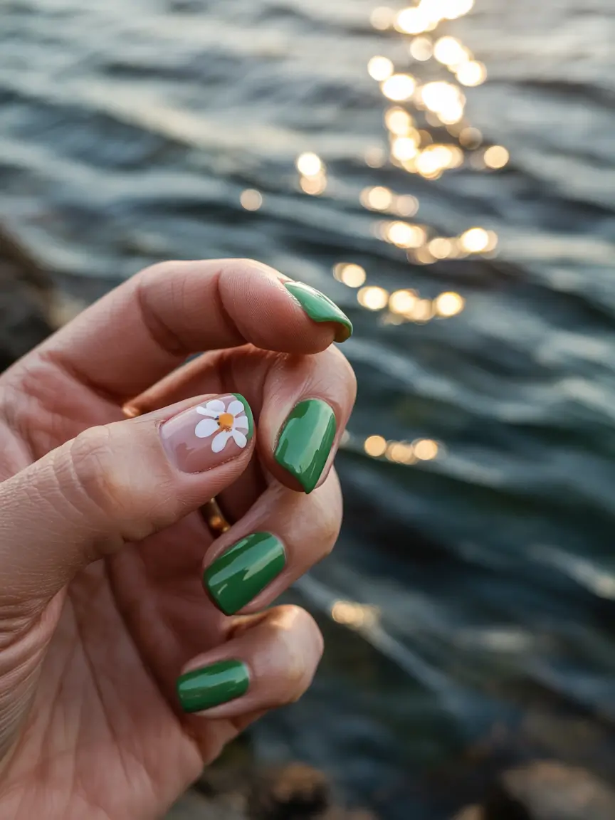 spring gel nails art ideas 2026 Fresh-Green-Gel-Nails-with-a-Daisy-Accent-for-a-Cheerful-Spring-Look