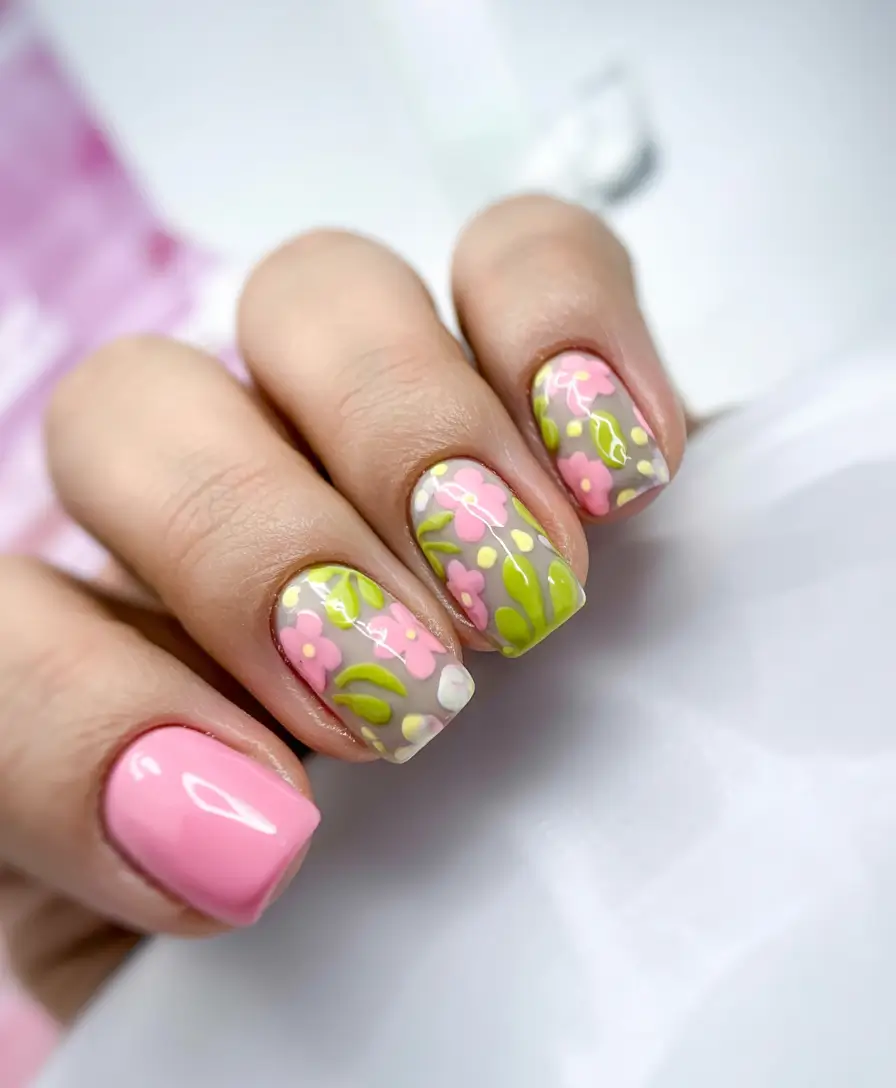 spring gel nails art ideas 2026 Playful-Pink-and-Green-Floral-Short-Nails-for-a-Fresh-Spring-Burst