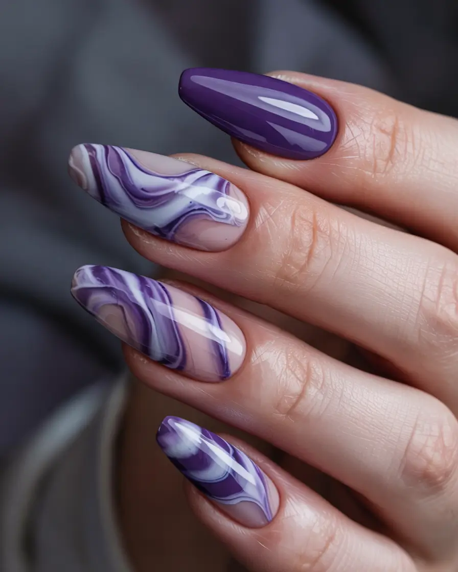 spring gel nails art ideas 2026 Purple-Marble-Gel-Nails-Bringing-a-Soft-Artistic-Spring-Vibe