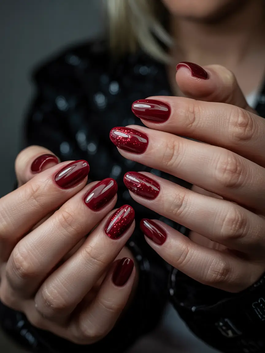 spring gel nails art ideas 2026 Deep-Red-Gel-Nails-with-Micro-Glitter-for-a-Luxurious-Spring-Mood