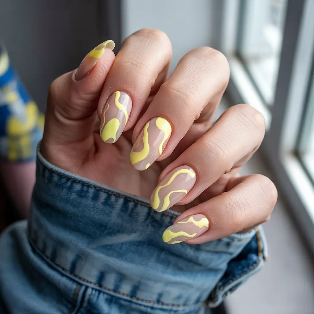 spring gel nails art ideas 2026 Yellow-Abstract-Gel-Nails-for-a-Bright-and-Playful-Spring-Accent