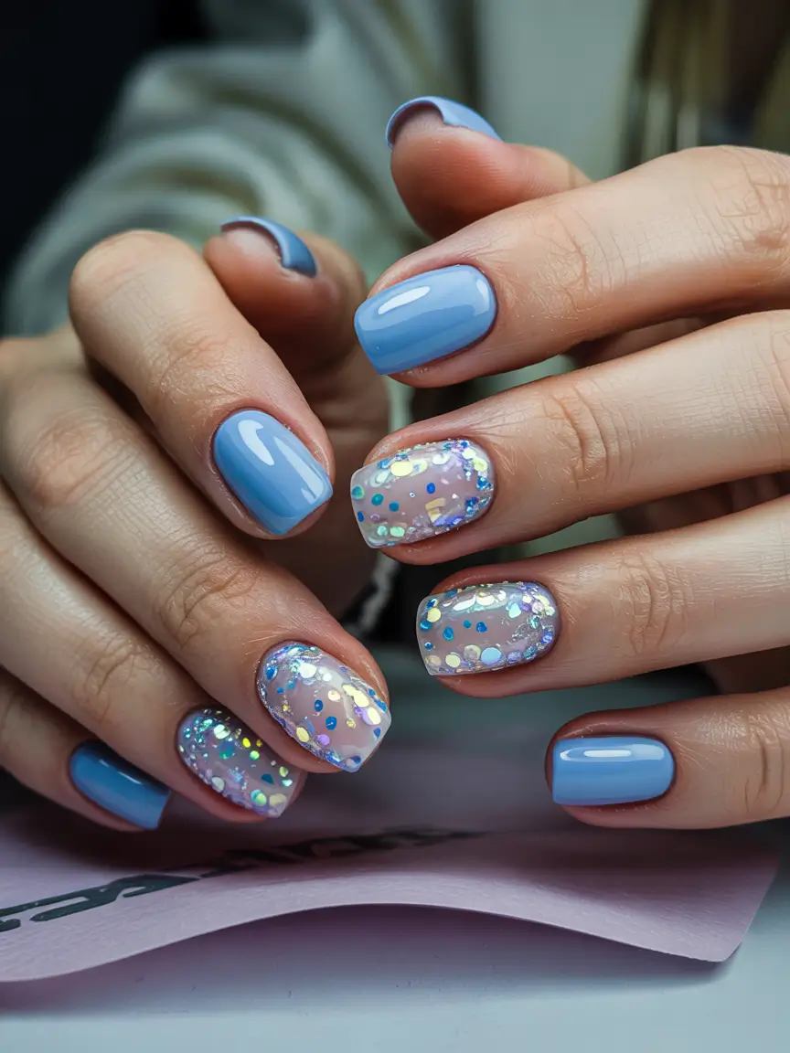 spring gel nails art ideas 2026 Blue-Gel-Nails-with-Sparkling-Confetti-Accents-for-a-Fun-Spring-Moment