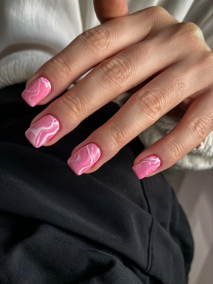 spring gel nails art ideas 2026 Pink-Marble-Square-Nails-with-Soft-Swirling-Patterns