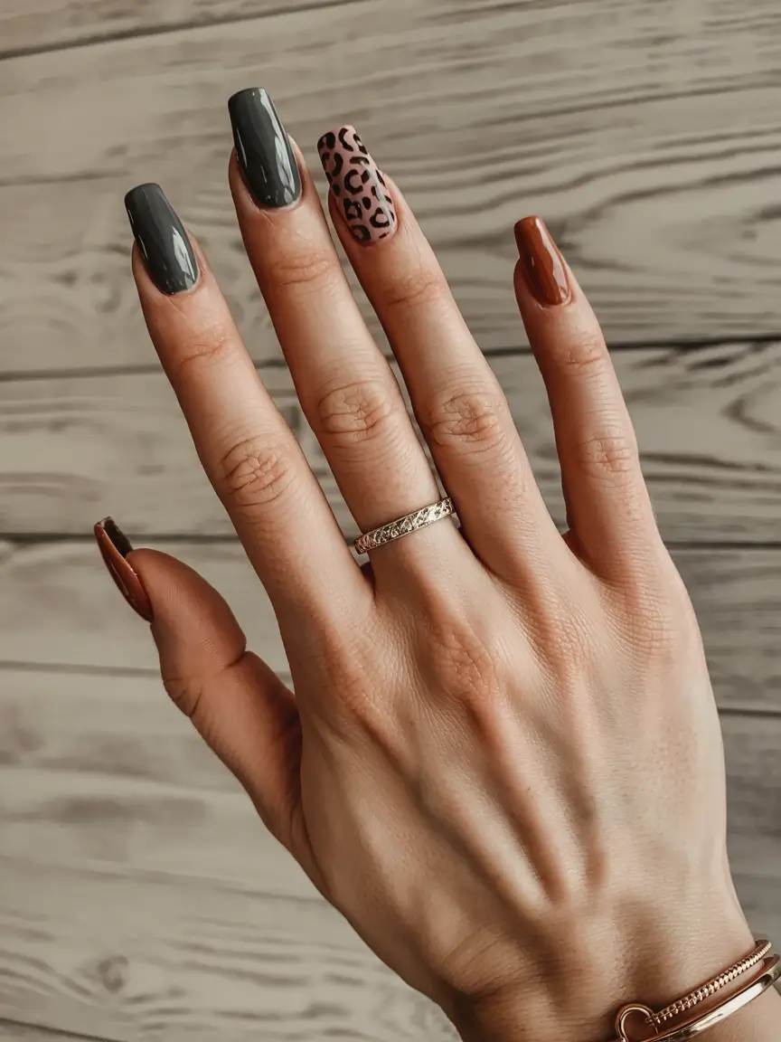 spring gel nails art ideas 2026 Warm-Earth-Tones-and-Leopard-Accent-for-Bold-Spring-Energy