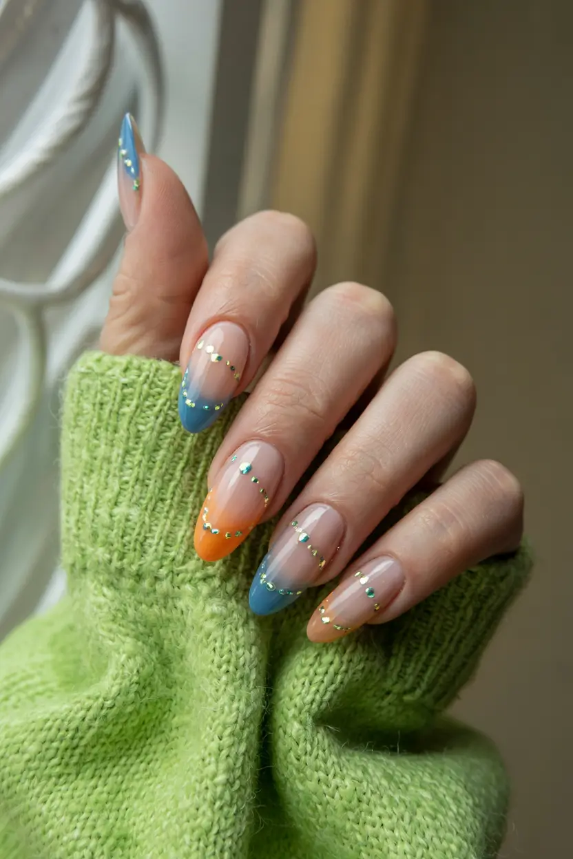 spring gel nails art ideas 2026 Pastel-Color-Block-French-Tips-with-Sparkling-Dot-Accents