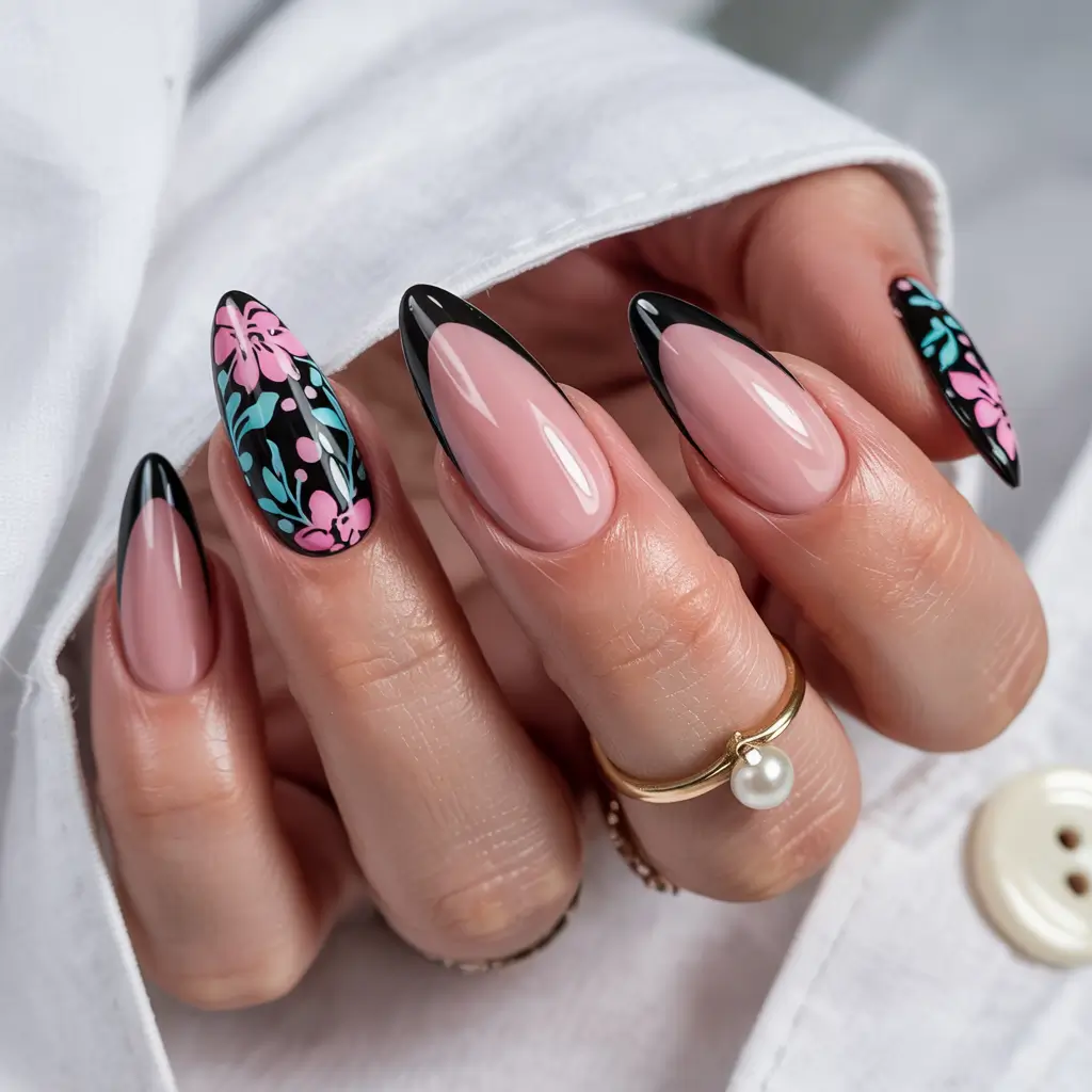 spring gel nails art ideas 2026 Black-French-Tips-with-Pink-Floral-Accent-Art-for-a-Chic-Spring-Edge