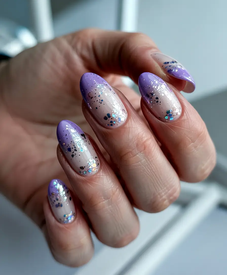 spring gel nails ideas 2026 Lavender Glow With Scattered Sparkle