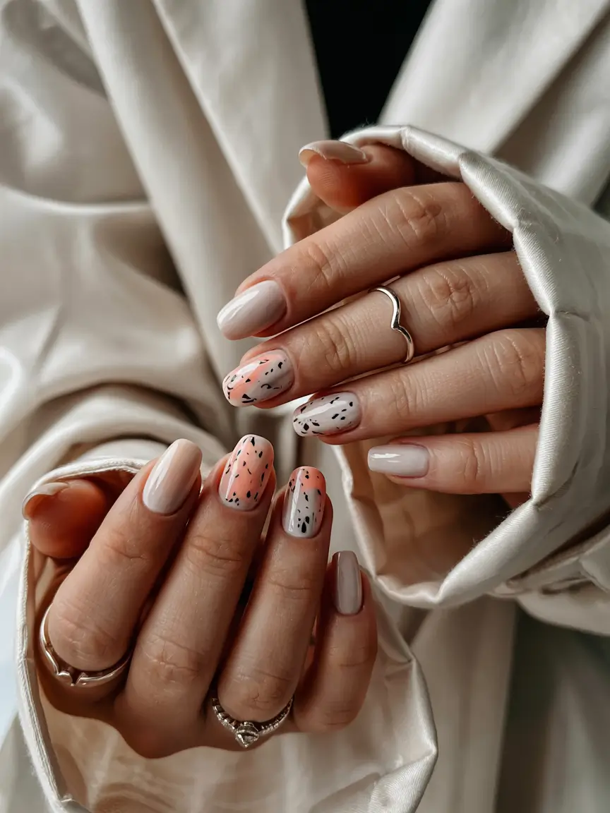 spring gel nails ideas 2026 Peach Ombre With Black Speckle Accents