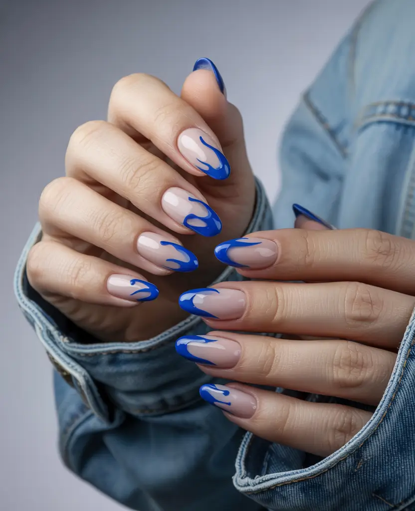 spring gel nails ideas 2026 Electric Blue Flame French With Modern Energy