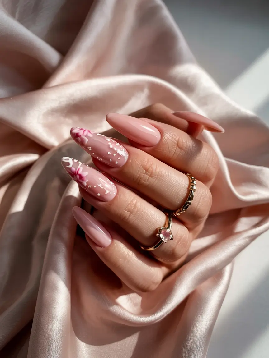 spring gel nails ideas 2026 Pink Floral Almonds With Delicate Petal Detailing