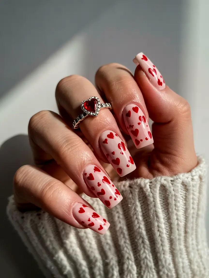 spring gel nails ideas 2026 Red Heart Sprinkles on Warm Nude for a Playful Spring Mood
