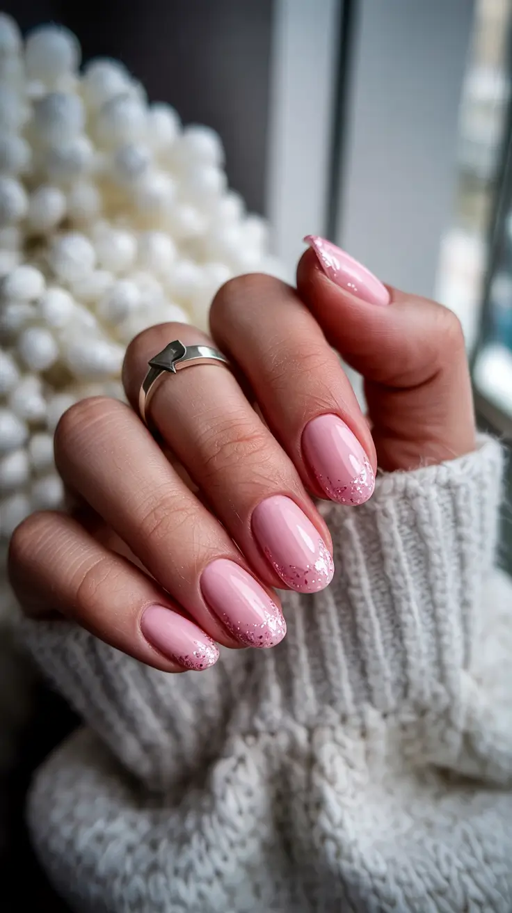 spring gel nails ideas 2026 Pink Sparkle Tipped Nails With a Soft Almond Shape