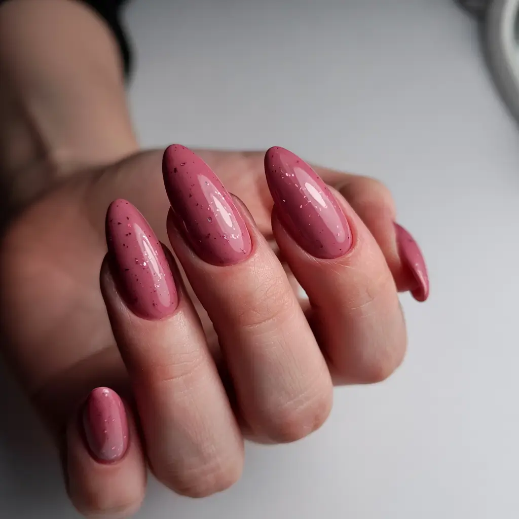 spring gel nails ideas 2026 Dusty Rose Almond Nails With Subtle Speckled Shine