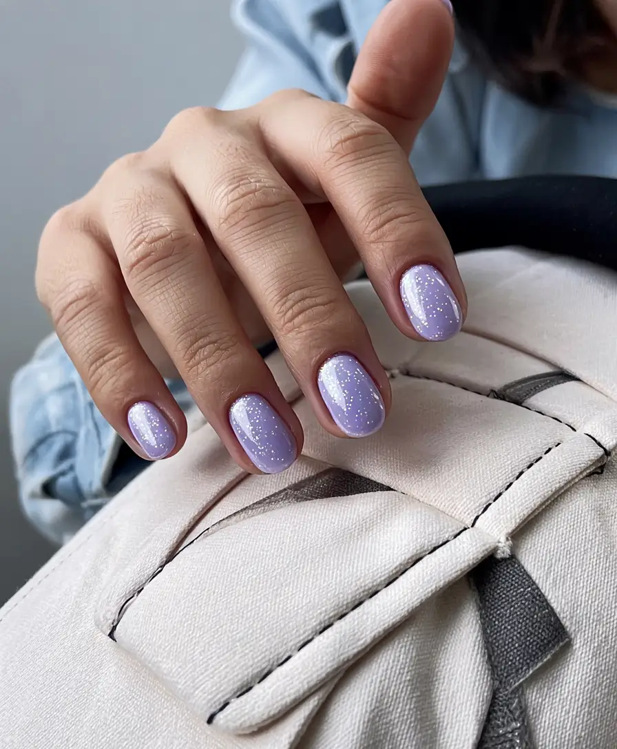 spring gel nails ideas 2026 Soft Lilac Short Nails With Star-Dusted Shine