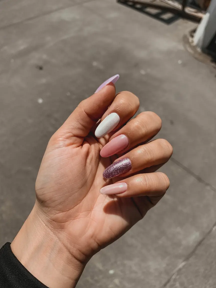 spring gel nails ideas 2026 Pastel Mix And Match With Soft Sparkle Accents