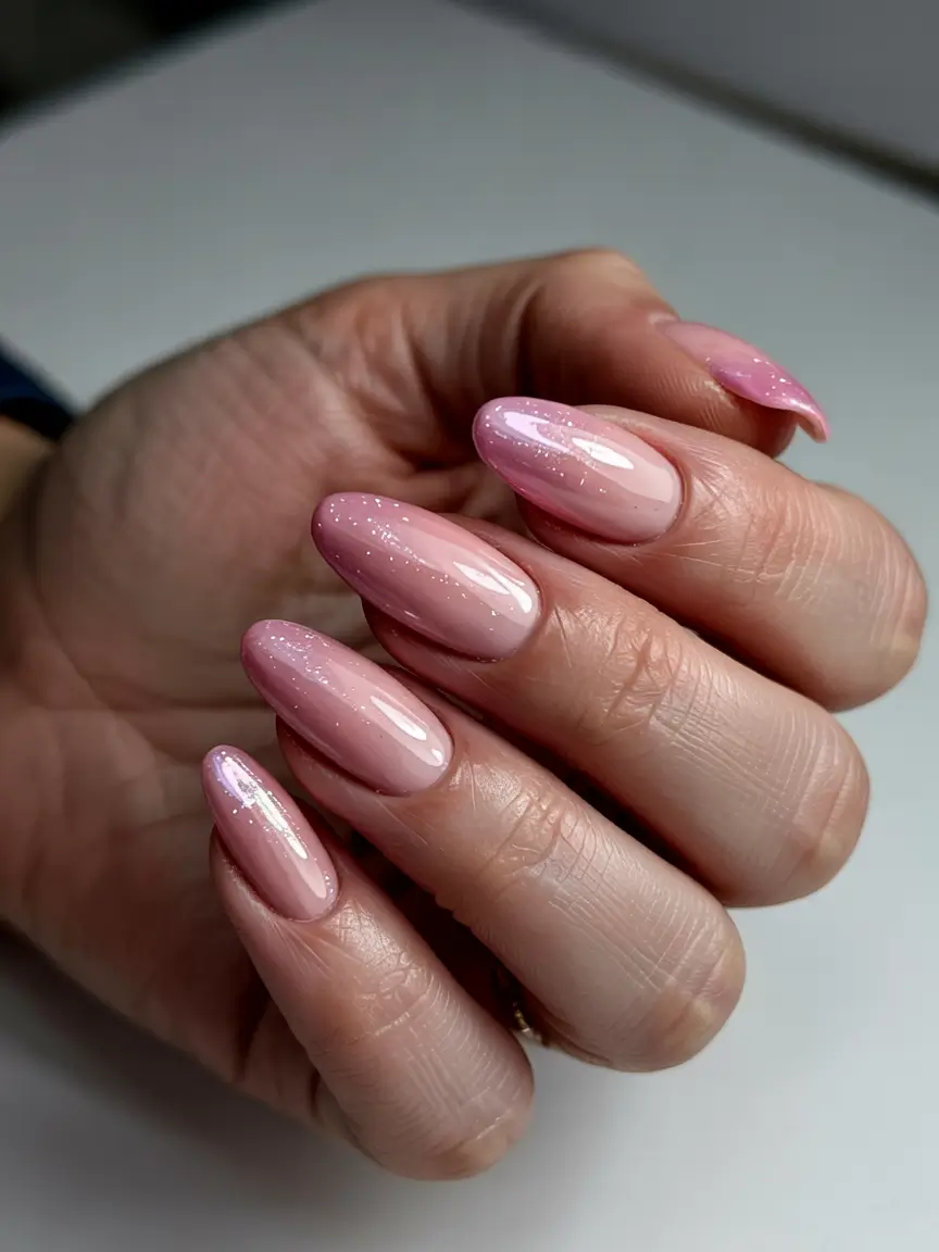 spring gel nails ideas 2026 Pink Luminescent Ombre With Soft Sparkle