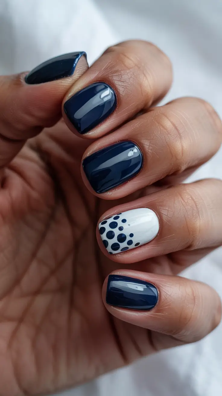 spring gel nails ideas 2026 Navy And White Dots With a Modern Minimal Twist