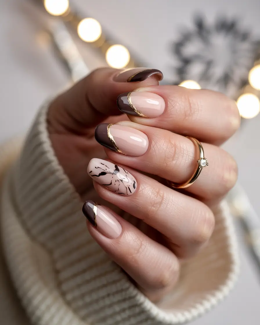 spring gel nails ideas 2026 Chocolate Mocha French With Gold Lining And Marble Accents