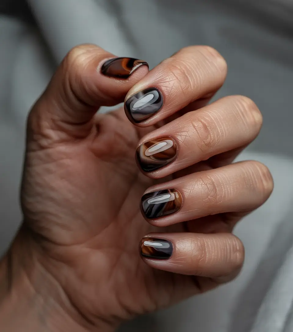 spring gel nails ideas 2026 Earthy Swirled Neutrals With a Short Glossy Finish