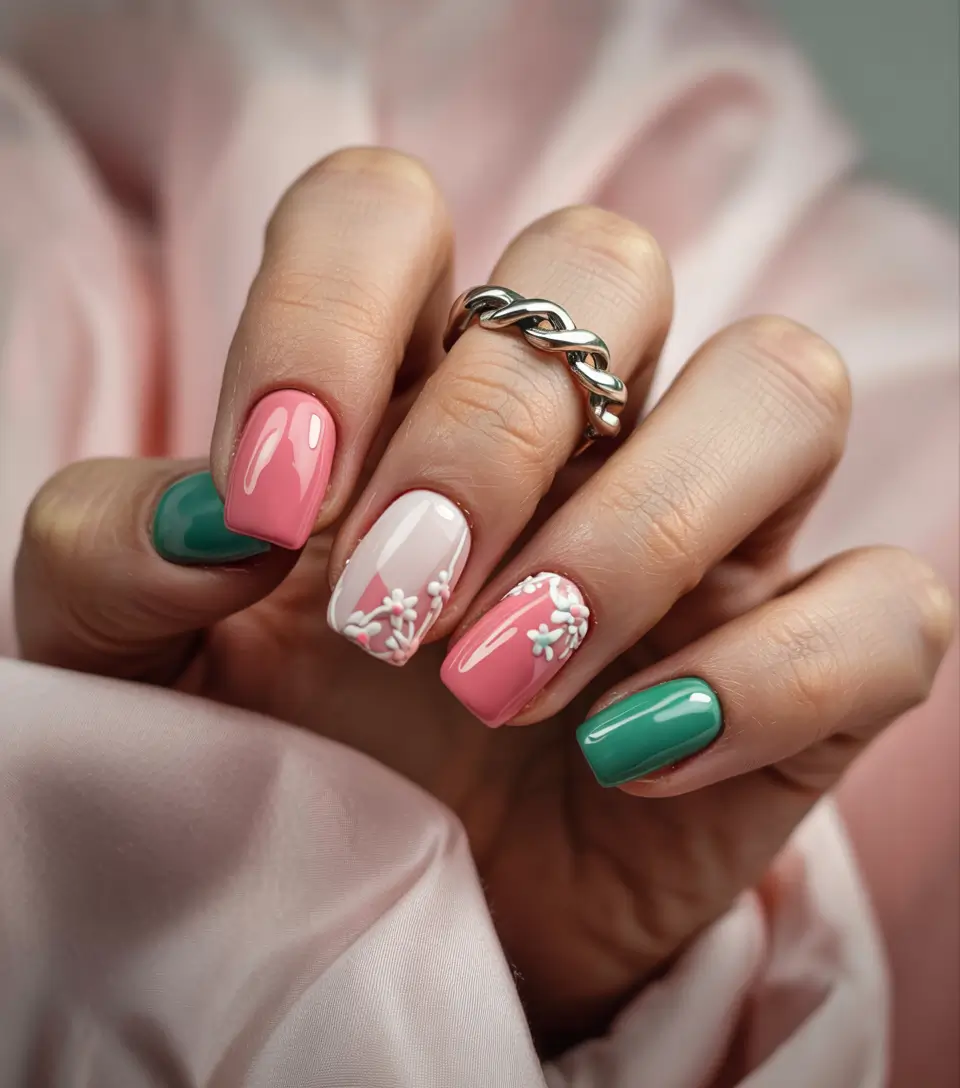 spring gel nails ideas 2026 Pink And Green Spring Blooms With Delicate Floral Art