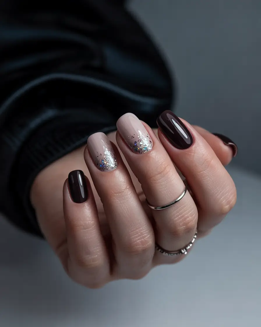 spring gel nails ideas 2026 Champagne Neutral Base With Deep Berry Contrast