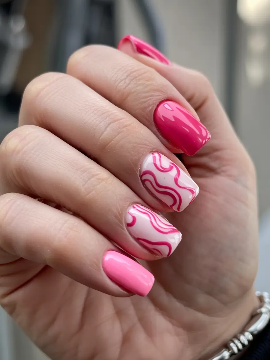 spring gel nails ideas 2026 Vibrant Pink Waves With Playful Line Art