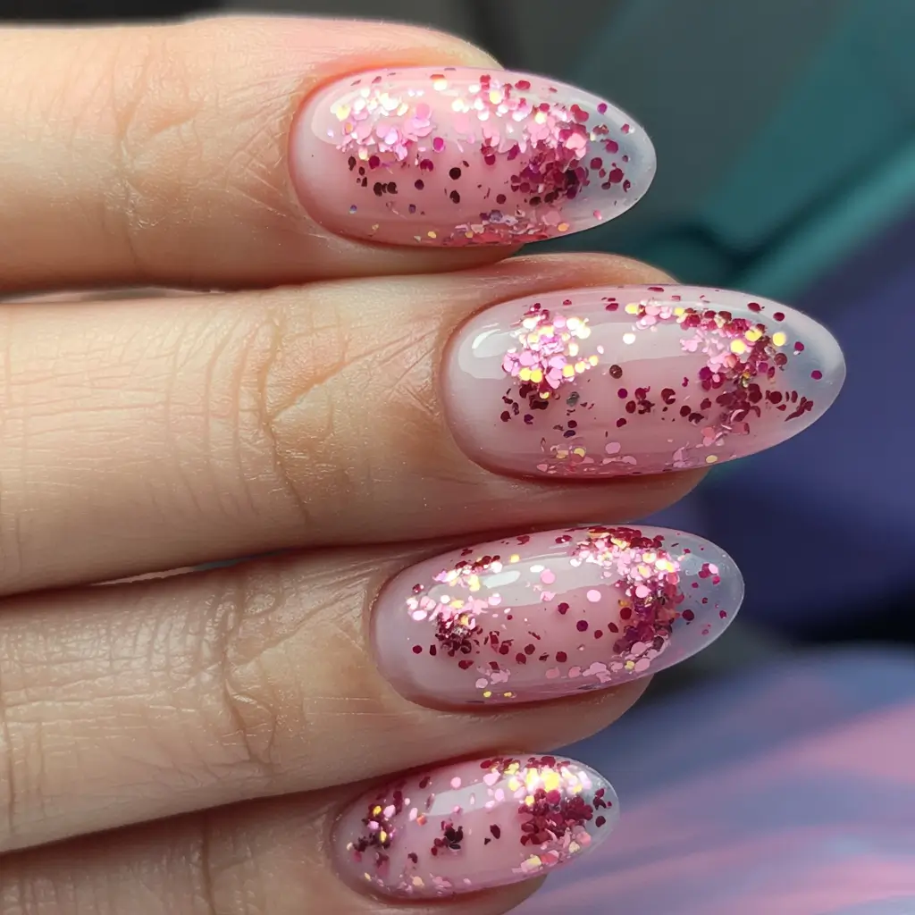 spring gel nails ideas 2026 Pink Glitter Cascade On Sheer Rosy Almond Nails