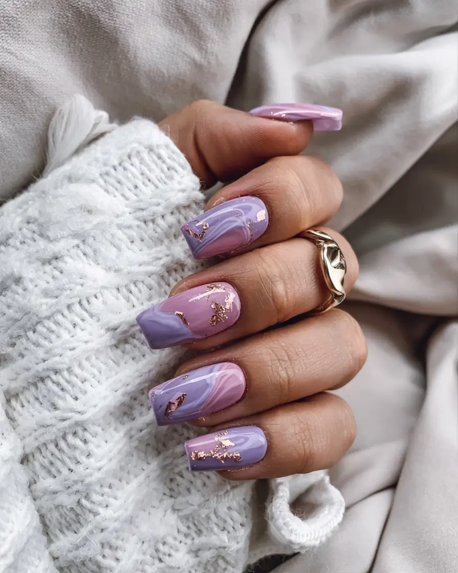 spring gel nails ideas 2026 Lavender And Rose Marble With Gold Foil Touches
