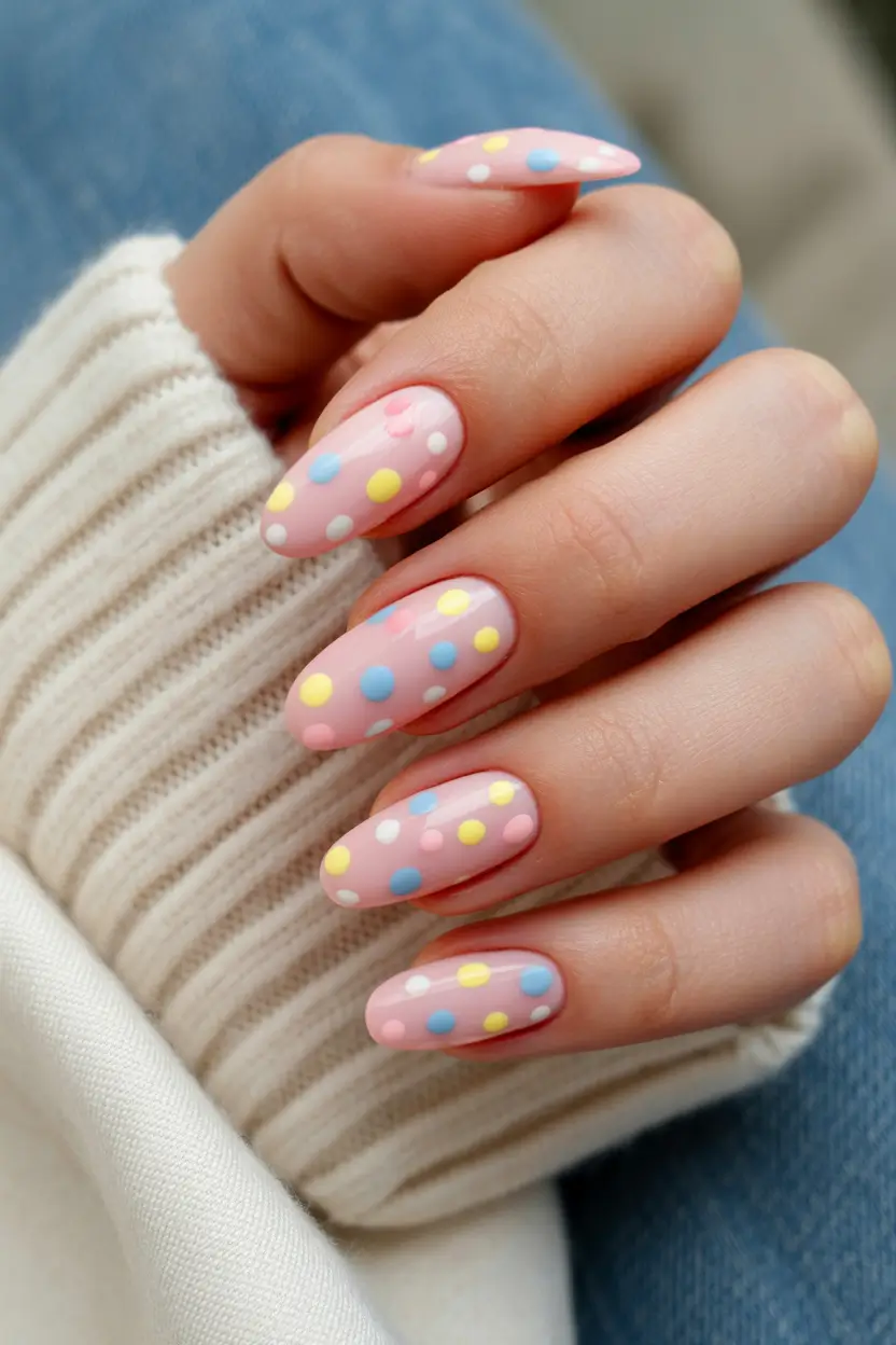 stunning spring almond nails 2026 Pastel Sprinkle Almond Nails with Playful Polka Dots