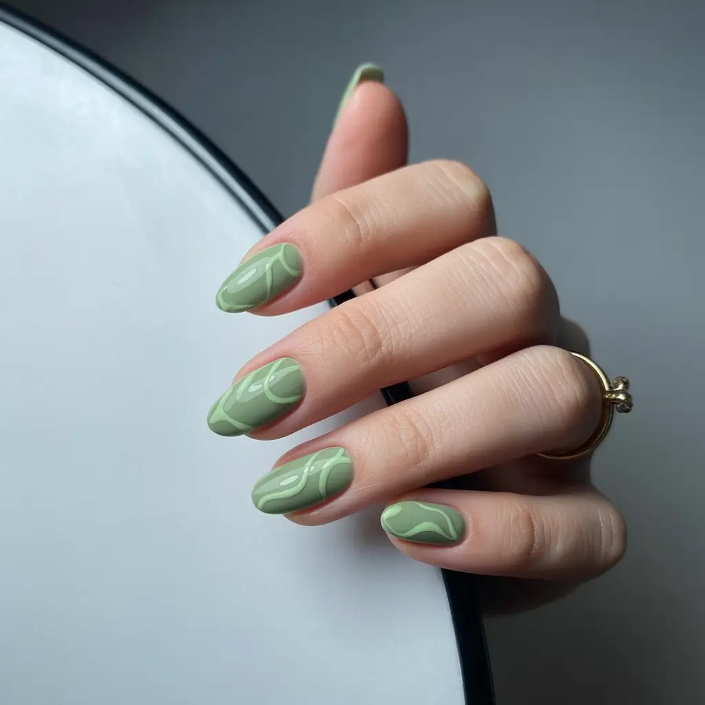 stunning spring almond nails 2026 Matte Green Almonds with Abstract Swirl Accents