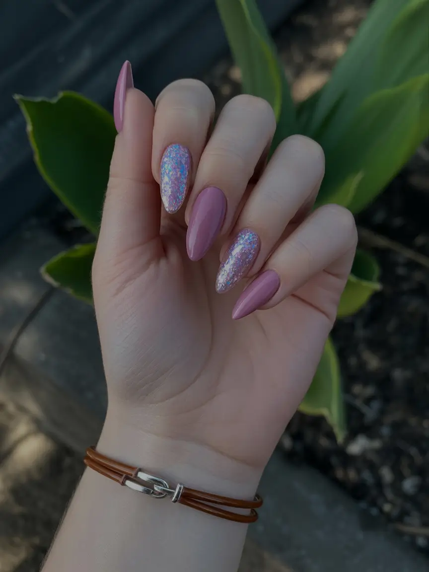 stunning spring almond nails 2026 Blossom Lilac Almonds with Sparkling Accent Details