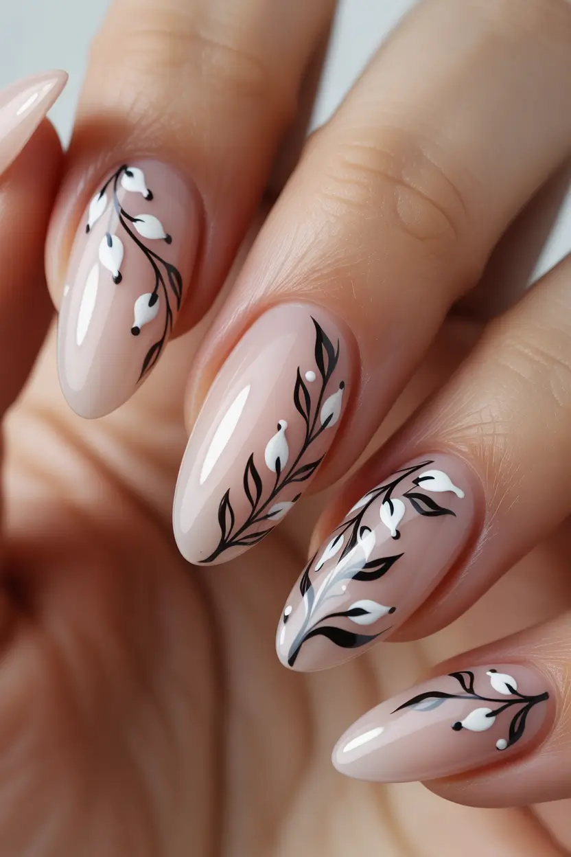 stunning spring almond nails 2026 Floral Line Art Almonds with Elegant Leaf Motifs