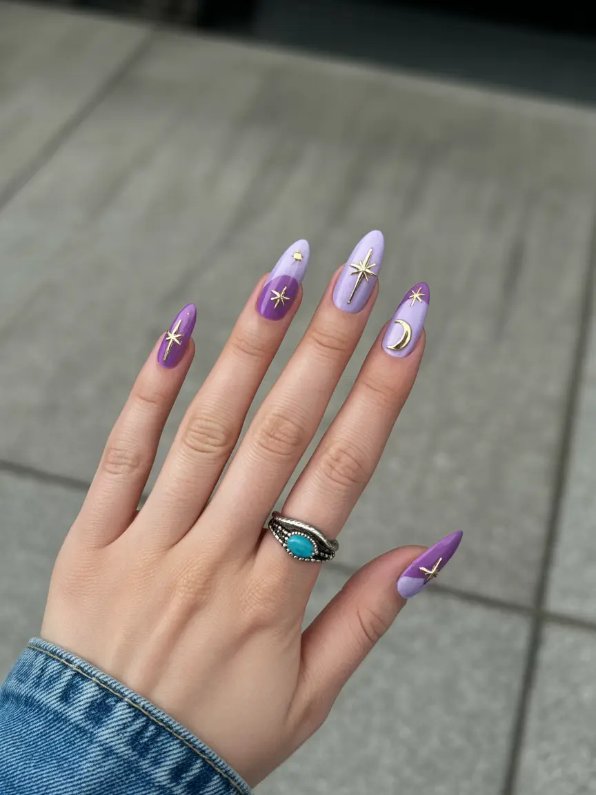 stunning spring almond nails 2026 Lavender Almond Nails with Gold Celestial Accents