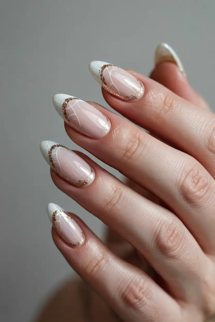 stunning spring almond nails 2026 White Marble Edge Almonds with Soft Gold Detailing