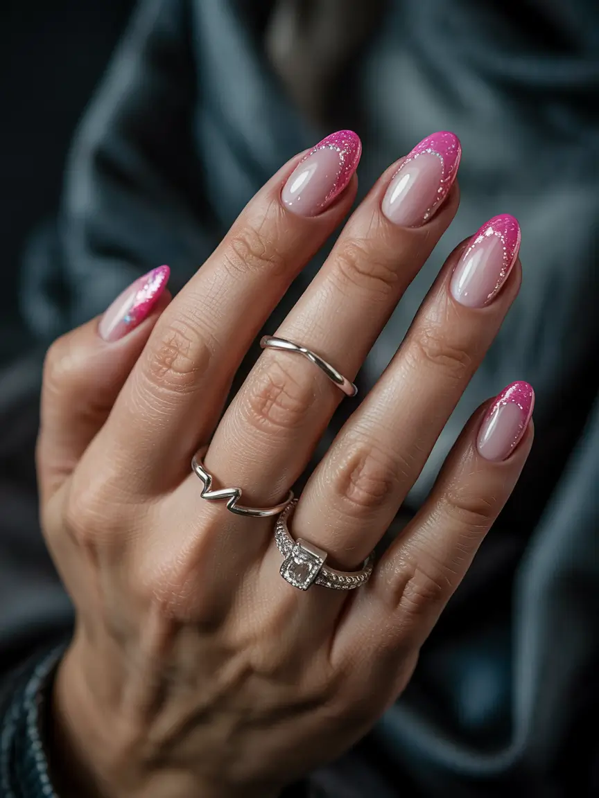 stunning spring almond nails 2026 Hot Pink Glitter French Almonds with a Bold Spring Glow