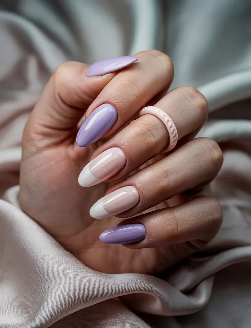 stunning spring almond nails 2026 Soft Lilac and Snow White Almonds with Clean Color Blocking