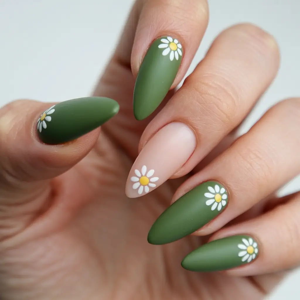 stunning spring almond nails 2026 Matte Green Almonds with Daisy Accents
