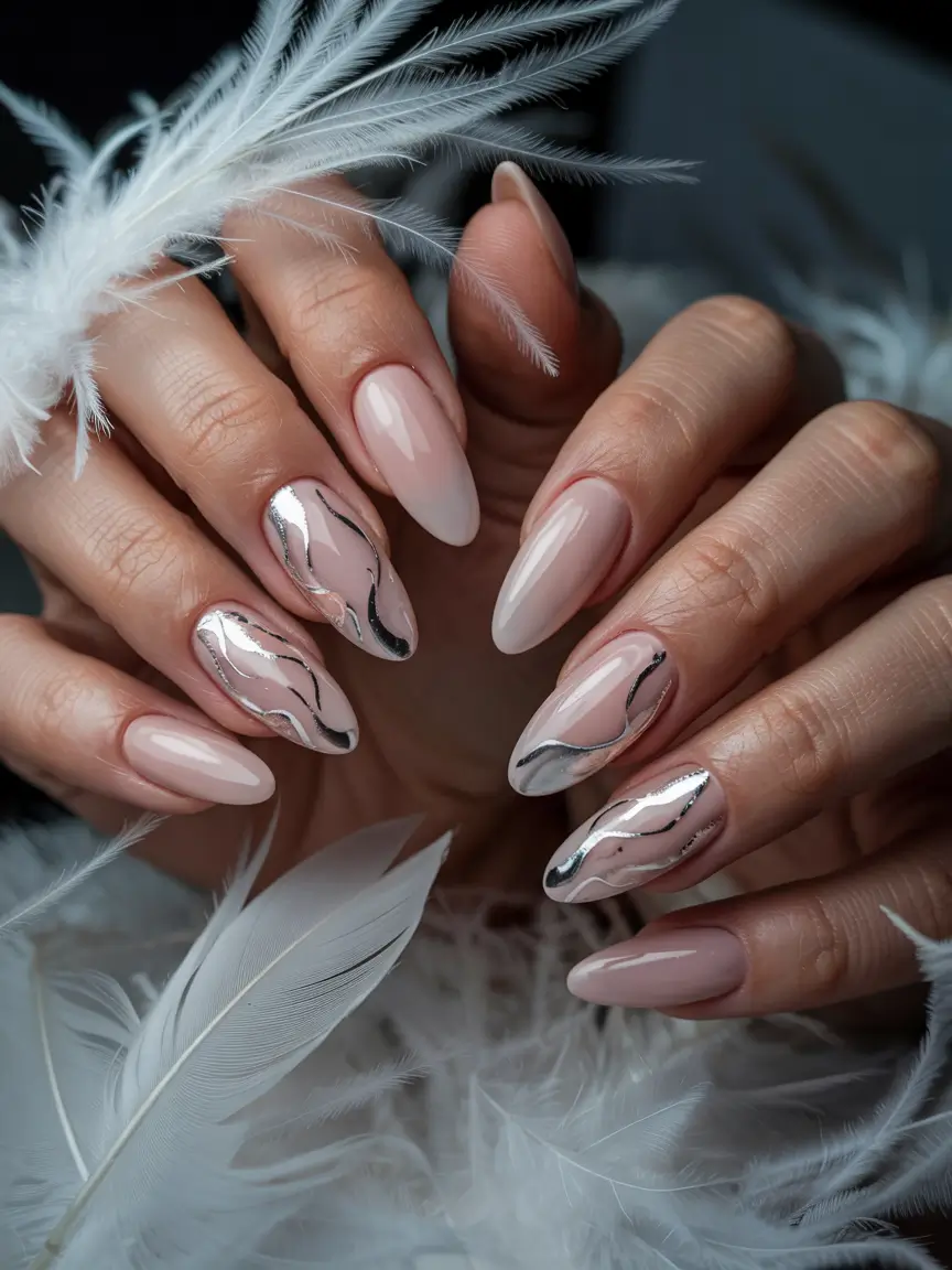 stunning spring almond nails 2026 Neutral Almonds with Chrome Silver Wave Accents