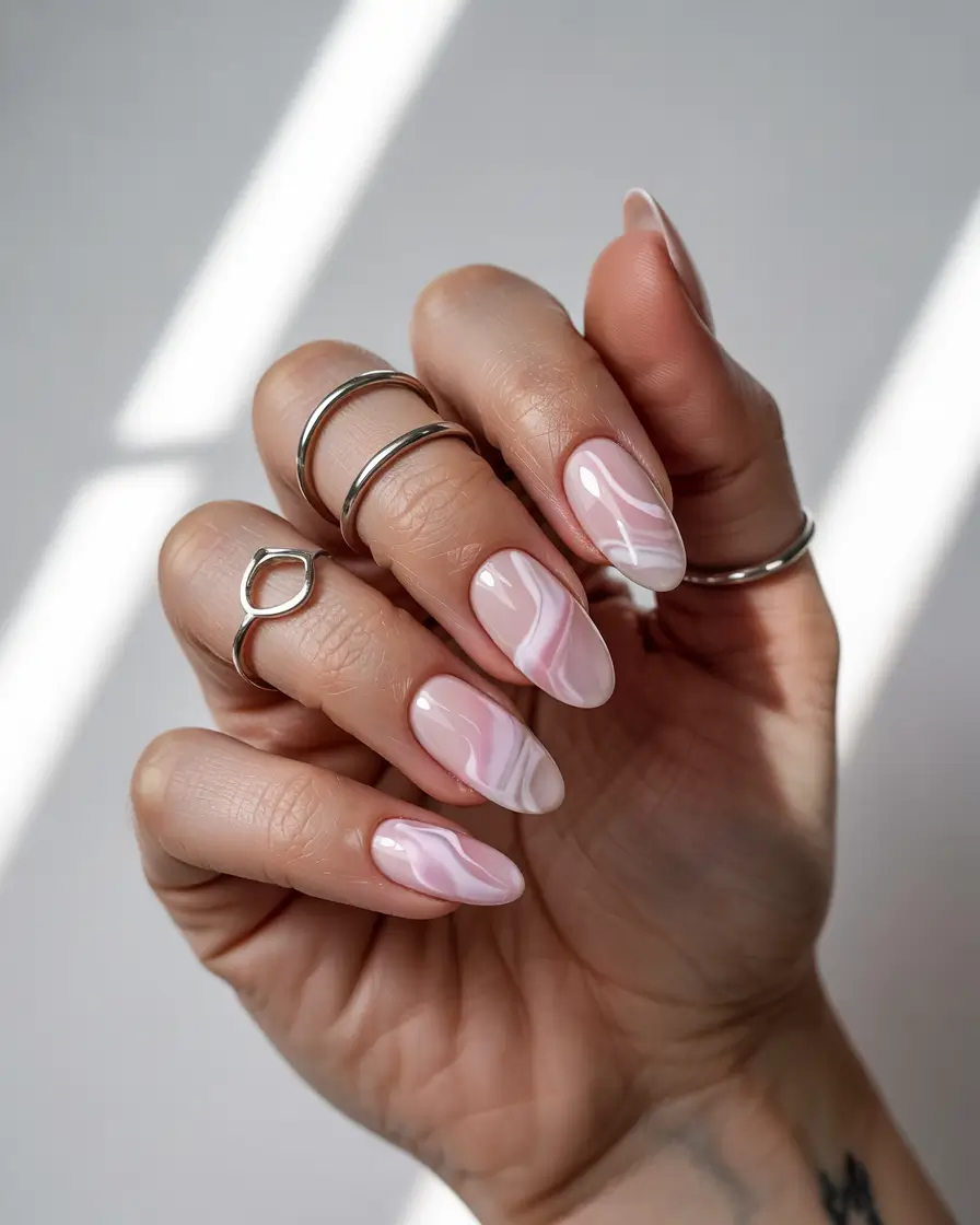stunning spring almond nails 2026 Pink Marble Almonds with Soft Fluid Waves